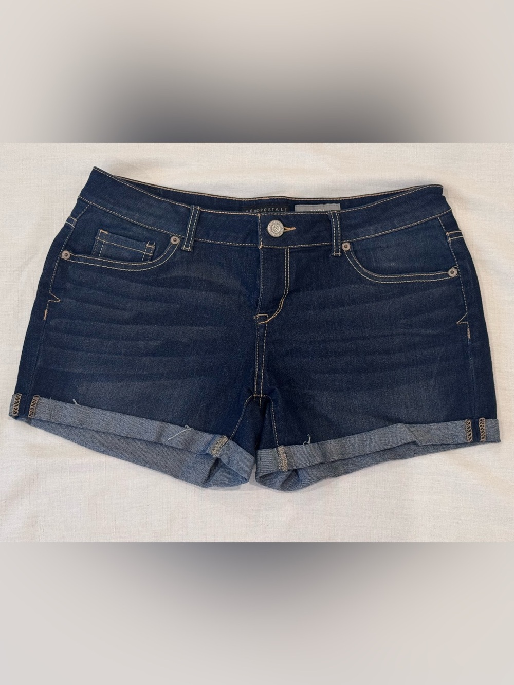 Aeropostale Midi Denim Shorts Dark Blue Rolled Cuff